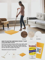 Lifestyle image of a person mopping a bright living room floor with an orange shammy cloth and product packaging shown in an inset.
