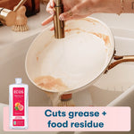 Lifestyle image of a person rinsing a dirty skillet at the sink with ECOS product graphic and a cuts-grease banner