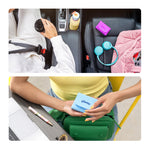 Two lifestyle scenes showing Kleenex Snap & Go packs in a car and a person holding a blue pack over a green bag