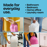 Four lifestyle shots demonstrating removing and tying trash bags in bathroom, bedroom, office and kitchen with 'Made for everyday use' text