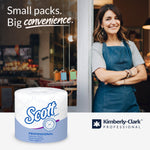 Lifestyle image showing a Scott Professional toilet paper roll in foreground and a smiling store owner standing in a doorway with Kimberly-Clark Professional logo.