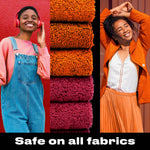 Triptych lifestyle image showing two smiling people and stacked colorful towels with caption 'Safe on all fabrics'