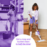 Lifestyle split image showing a person using a Swiffer Power Mop on a wood floor with purple-tinted comparison scene on left