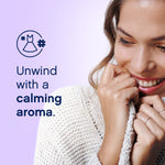 Close-up lifestyle graphic of a smiling woman cuddling a sweater with text 'Unwind with a calming aroma' on lavender background