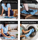 Four lifestyle photos in a grid showing blue microfiber cloth used on furniture, countertops and in a washing machine.