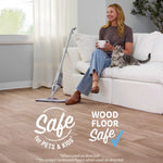 Relaxed lifestyle scene with a woman and cat on a couch and a Rejuvenate mop on the floor with 'Safe for pets & kids' and 'Wood floor safe' text