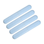 Four light blue speckled cylindrical travel toothbrush cases arranged diagonally on white