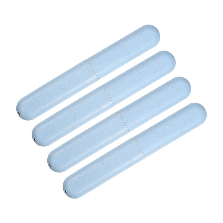 Four light blue speckled cylindrical travel toothbrush cases arranged diagonally on white