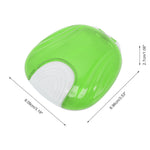 Top view of closed light green and white shell-shaped retainer case with dimensional measurement arrows