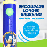 Partial view of a blue toothbrush handle with illuminated button and Sonic graphic with text about encouraging longer brushing