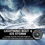 Promotional graphic with icy mountain and lightning background labeled “LIGHTNING BOLT & ICE STORM” with a small diffuser image.