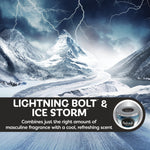 Stormy mountain and lightning graphic with 'Lightning Bolt & Ice Storm' scent name and small product inset