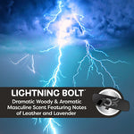Stormy lightning background with text reading “LIGHTNING BOLT” and a scent description panel plus a small vent-clip icon.