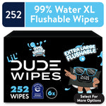 Black LiL' Dude Wipes retail box graphic showing 252 wipes, 99% water and extra large flushable branding