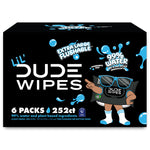 LiL' Dude Wipes black packaging artwork with cartoon wipe mascot, 6 packs 252 count and 99% water callouts