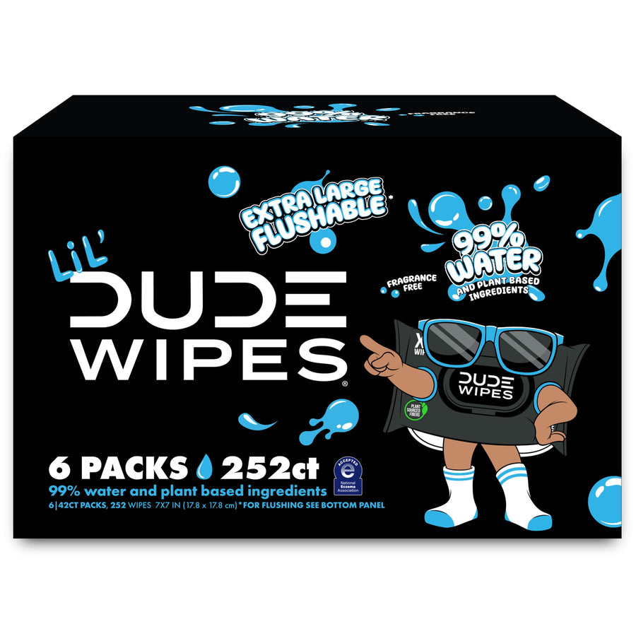 LiL' Dude Wipes black packaging artwork with cartoon wipe mascot, 6 packs 252 count and 99% water callouts