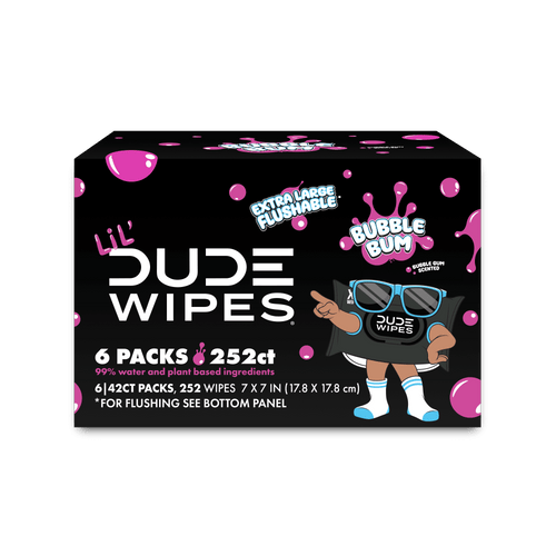 Isolated LiL' Dude Wipes Bubble Bum six-pack box with black and pink packaging and mascot graphic