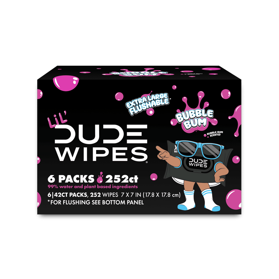 Isolated LiL' Dude Wipes Bubble Bum six-pack box with black and pink packaging and mascot graphic