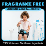 Lifestyle image of a child on a toilet pulling a wipe from LiL' Dude packet with “Fragrance Free” and 99% water messaging