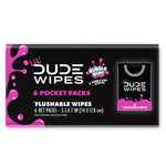 Black retail outer pack for Lil' DUDE Wipes Bubble Bum showing branding, 6 pocket packs label and a small pack illustration.
