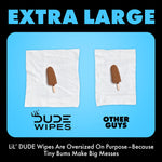 Comparison image showing oversized LiL' Dude wipe beside a smaller competitor wipe with an ice pop on each to show scale