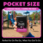 Hand holding a Lil' DUDE Wipes pocket pack in front of a playground scene with text highlighting pocket size and pack count.