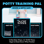 Infographic panel showing potty-training comparison with LiL' Dude Wipes labeled sewer & septic safe and breaking down when flushed