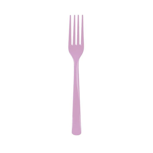 Single lilac plastic disposable fork on a white background, straight handle and four tines