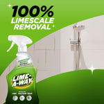 Graphic of Lime-A-Way bottle with large '100% limescale removal' headline and bathroom scene
