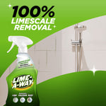 Lime-A-Way bottle with curved green graphic and text '100% limescale removal' beside a shower scene