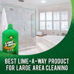 Bright bathroom scene with a Lime-A-Way bottle in the foreground and text claiming best product for large area cleaning