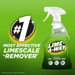 Lime-A-Way spray bottle on green background with large '#1 most effective limescale remover' badge