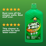 Green background graphic featuring a Lime-A-Way bottle and two five-star customer review callouts praising rust and hard water stain removal