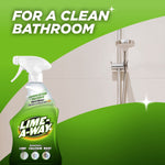 Lime-A-Way product image with shower background and headline text 'For a clean bathroom' on green panel