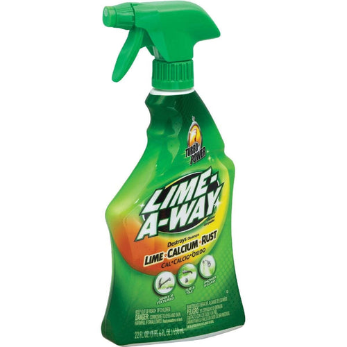Green Lime-A-Way spray bottle with trigger nozzle showing product label for lime, calcium and rust removal