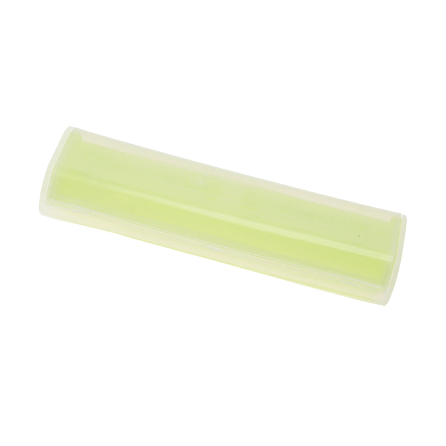 Translucent lime-green portable toothbrush travel case photographed closed on a white background.