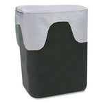 Black rectangular wastebasket lined with a white bag draped over the rim on a plain white background