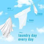 Graphic of white linens on a clothesline against a blue sky with words airy, clean, linen and laundry day every day