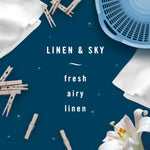 Styled flatlay with clothespins, laundry basket and lily surrounding text LINEN & SKY with descriptors fresh airy linen