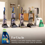 Lineup of several BISSELL upright carpet cleaners in a living room setting with product bottle inset and usage text