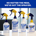 Advertising image of four Zep spray bottles lined up with headline reading no matter the mess we've got the sprayer
