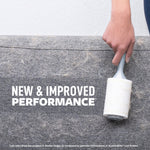 Hand using a lint roller on a gray upholstered couch covered in pet hair with text 'new & improved performance'