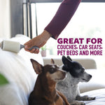 Hand rolling a lint roller along a couch beside two small dogs with product copy 'Great for couches, car seats, pet beds'