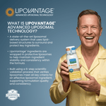 Smiling man holding a SmartMouth Morning bottle beside text describing Lipovantage advanced liposomal technology
