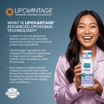 Lipovantage technology graphic with smiling person holding a SmartMouth Evening bottle and descriptive text about liposomal delivery