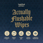 Dark textured graphic reading “Actually Flushable Wipes” with five icon badges highlighting product features.