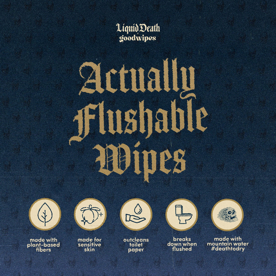 Dark textured graphic reading “Actually Flushable Wipes” with five icon badges highlighting product features.