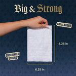 Hand holding a single wipe with dimensions and text “Big & Strong” plus size callouts and strength badge.