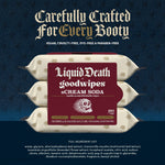 Stack of three Liquid Death goodwipes sCREAM SODA packages with product label and ingredient text below.