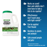 Liquid Fence Deer & Rabbit granular repellent jug beside blue panel listing product benefits and safety notes